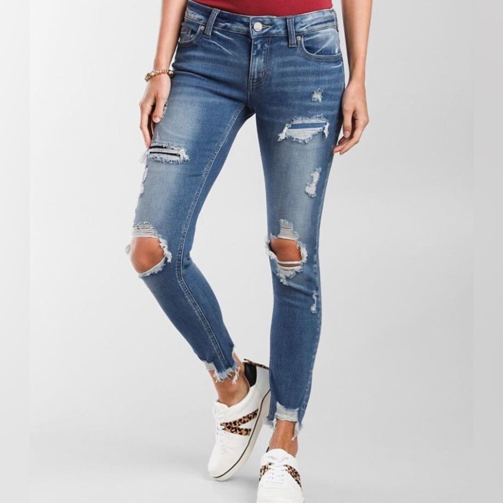 SOLD BKE Stella Dark Wash Distressed Undone Hem Skinny Jeans